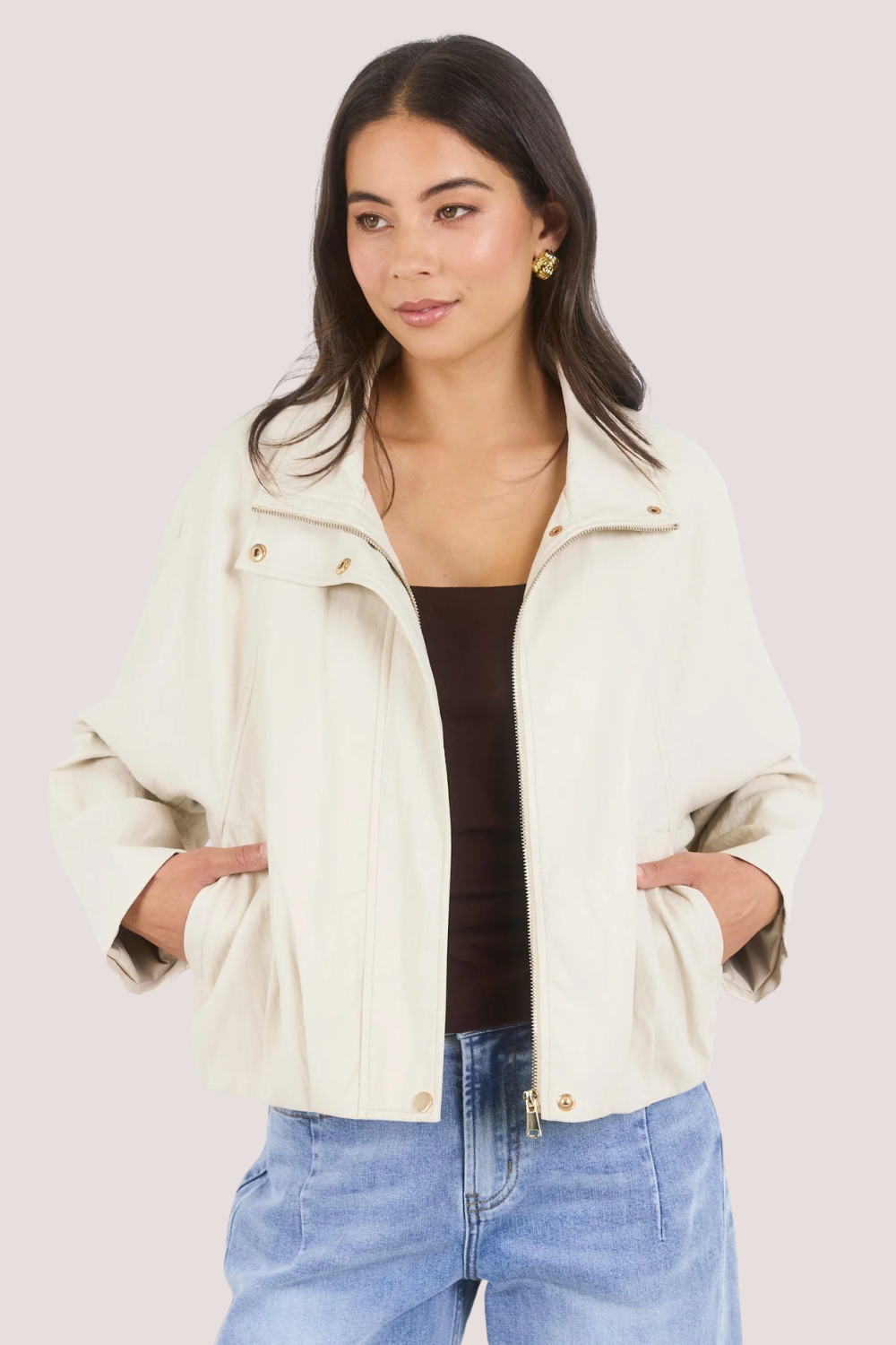Ensemble Putty Faux Leather Funnel Neck Zip Through Jacket