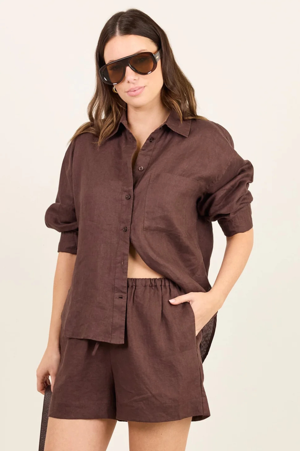 Lifestyle Dark Chocolate Linen Tie Waist Shorts
