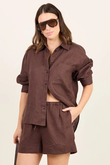 Lifestyle Dark Chocolate Linen Tie Waist Shorts