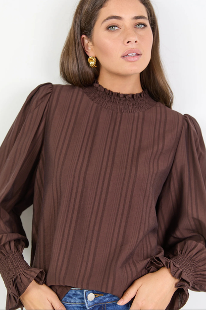 Embrace Chocolate Self Stripe Shirred Neck LS Top