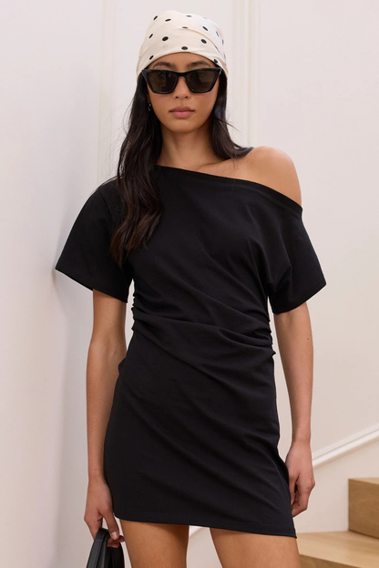 Chatter Black Ruched Mini Tee Shirt Dress