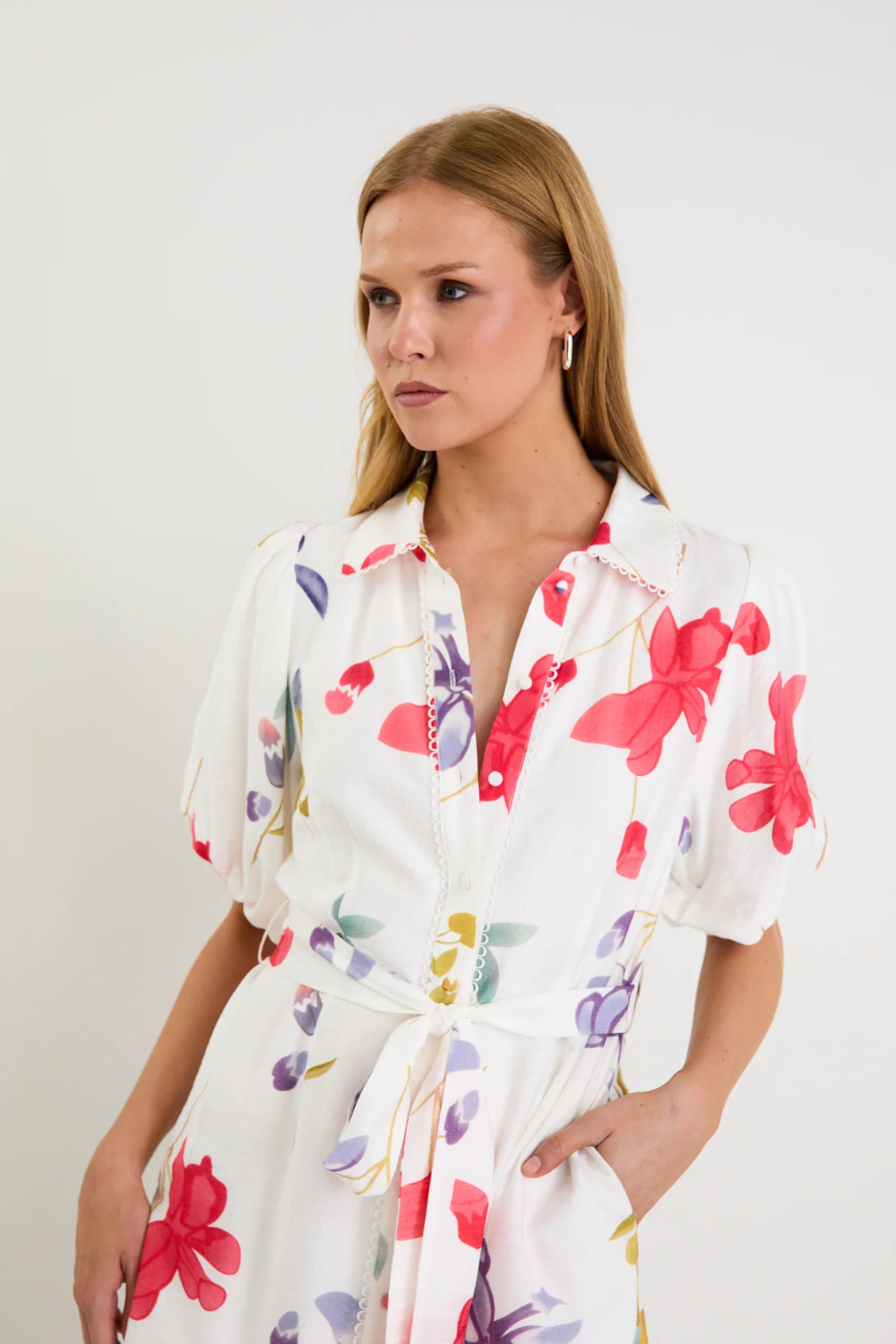 Jasmine Cream Poppy Floral Puff Sleeve Long Shirt Dress