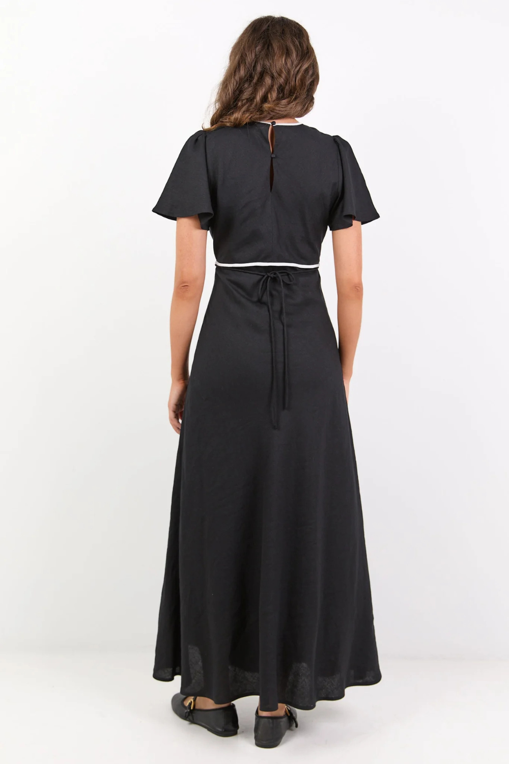 Profile Black Linen Blend Contrast Bias Flutter Sleeve Maxi Dress