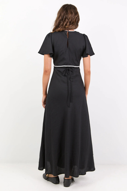 Profile Black Linen Blend Contrast Bias Flutter Sleeve Maxi Dress