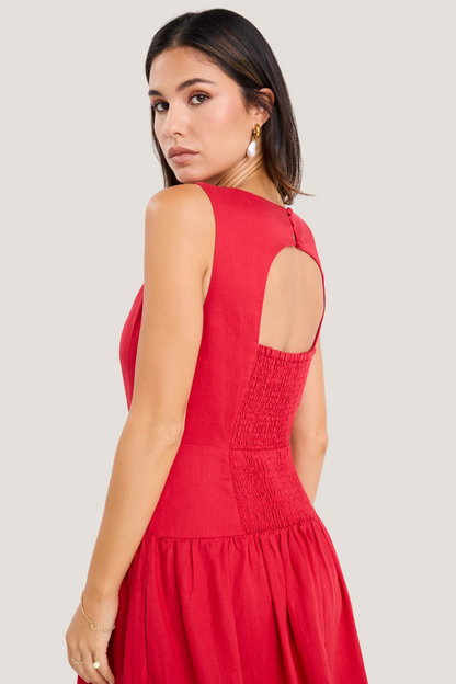 Results Red Linen Blend Structured Sleeveless Maxi Dress