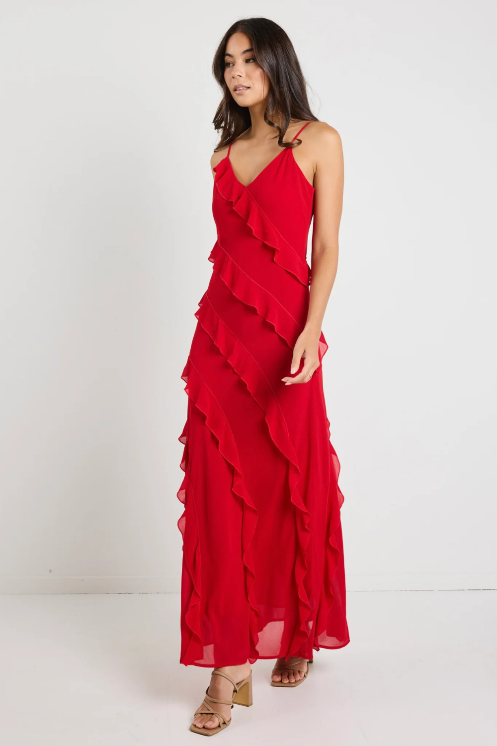 Galore Flame Bias Ruffle Slip Maxi Dress
