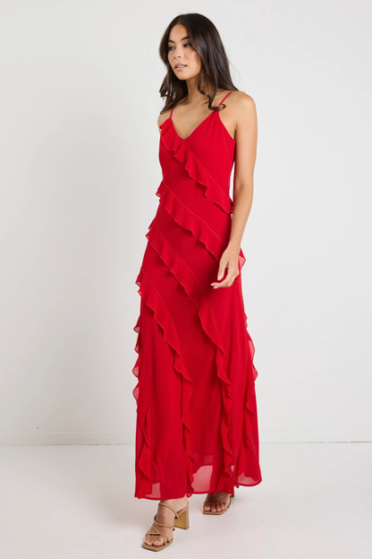 Galore Flame Bias Ruffle Slip Maxi Dress