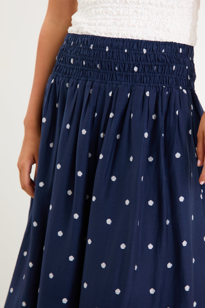 Wanderlust Navy Polka Dot Shirred Waist Maxi Skirt