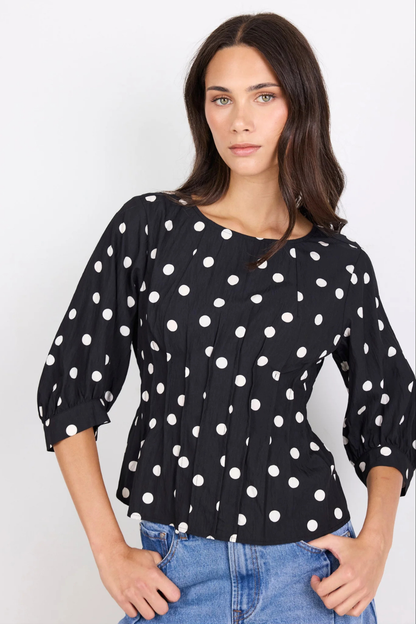 Theatrical Black Polka Dot Pintuck Shaped SS Top