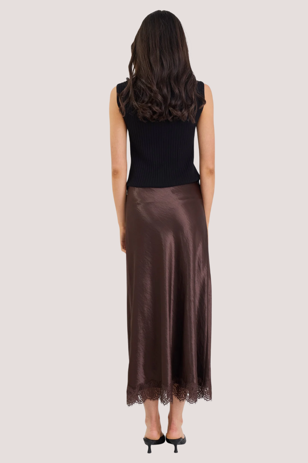 Margarita Chocolate Satin Lace Trim Bias Maxi Skirt