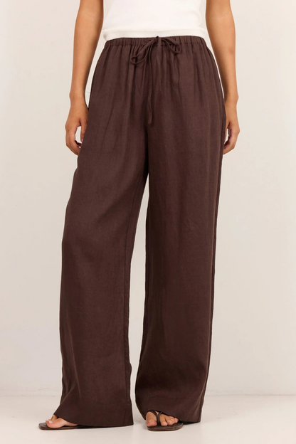 Wellness Dark Chocolate Linen Pull On Wide Leg Pants