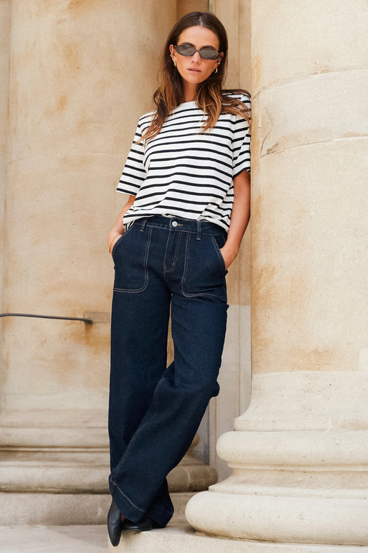 Binding Black White Stripe Boxy Fit Tee