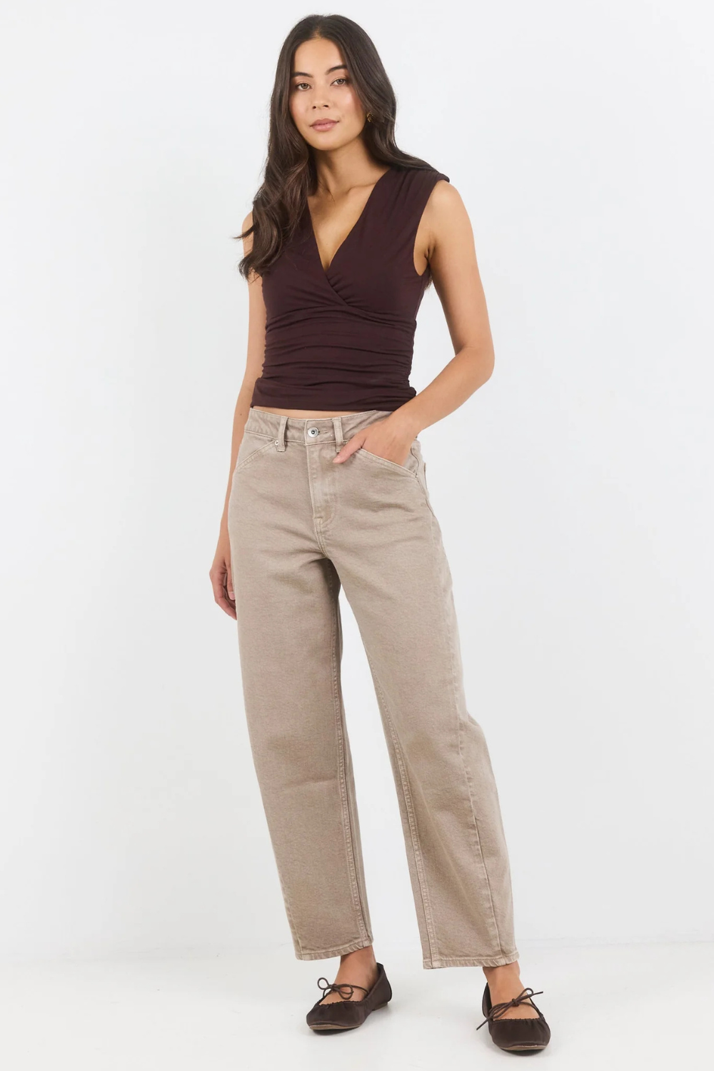 Idolise Taupe Stretch Soft Barrel Jeans - ARRIVING THIS WEEK