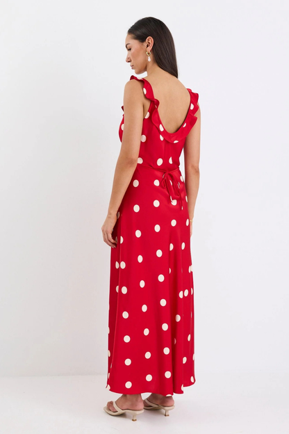 Delightful Cherry Polka Dot Satin Bias Slip Maxi Dress