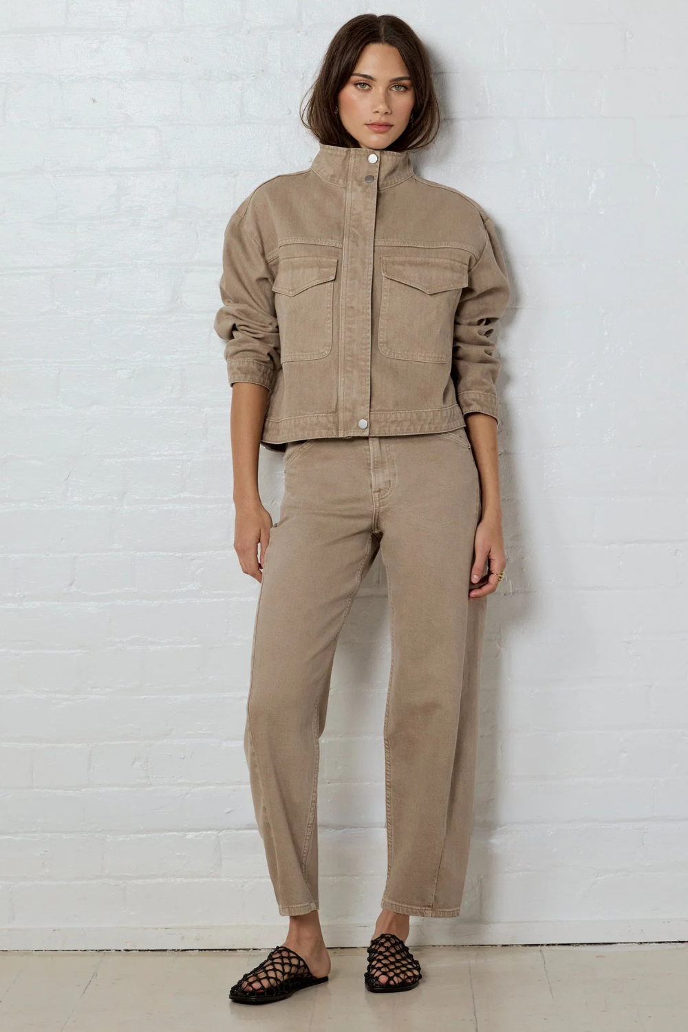 Crafted Taupe Funnel Neck Denim Jacket