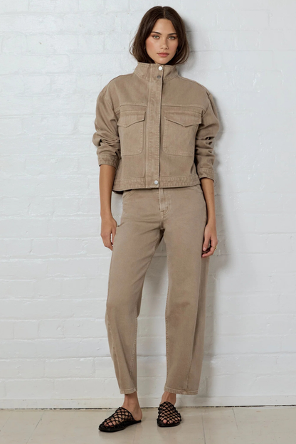 Crafted Taupe Funnel Neck Denim Jacket