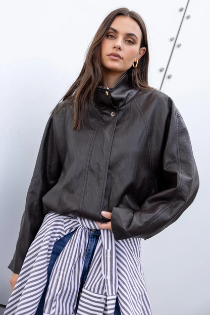 Ensemble Chocolate Faux Leather Funner Neck Zip Through Jacket