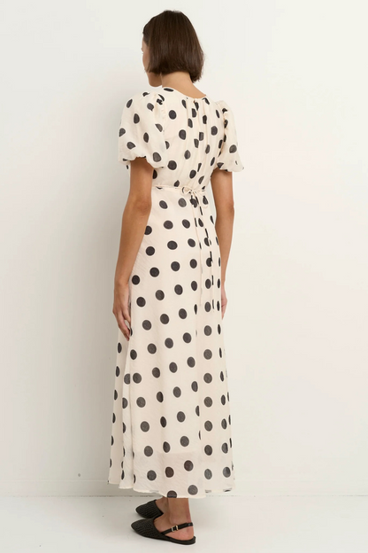 Stage Cream Black Polka Dot Puff Sleeve Floaty Maxi Dress