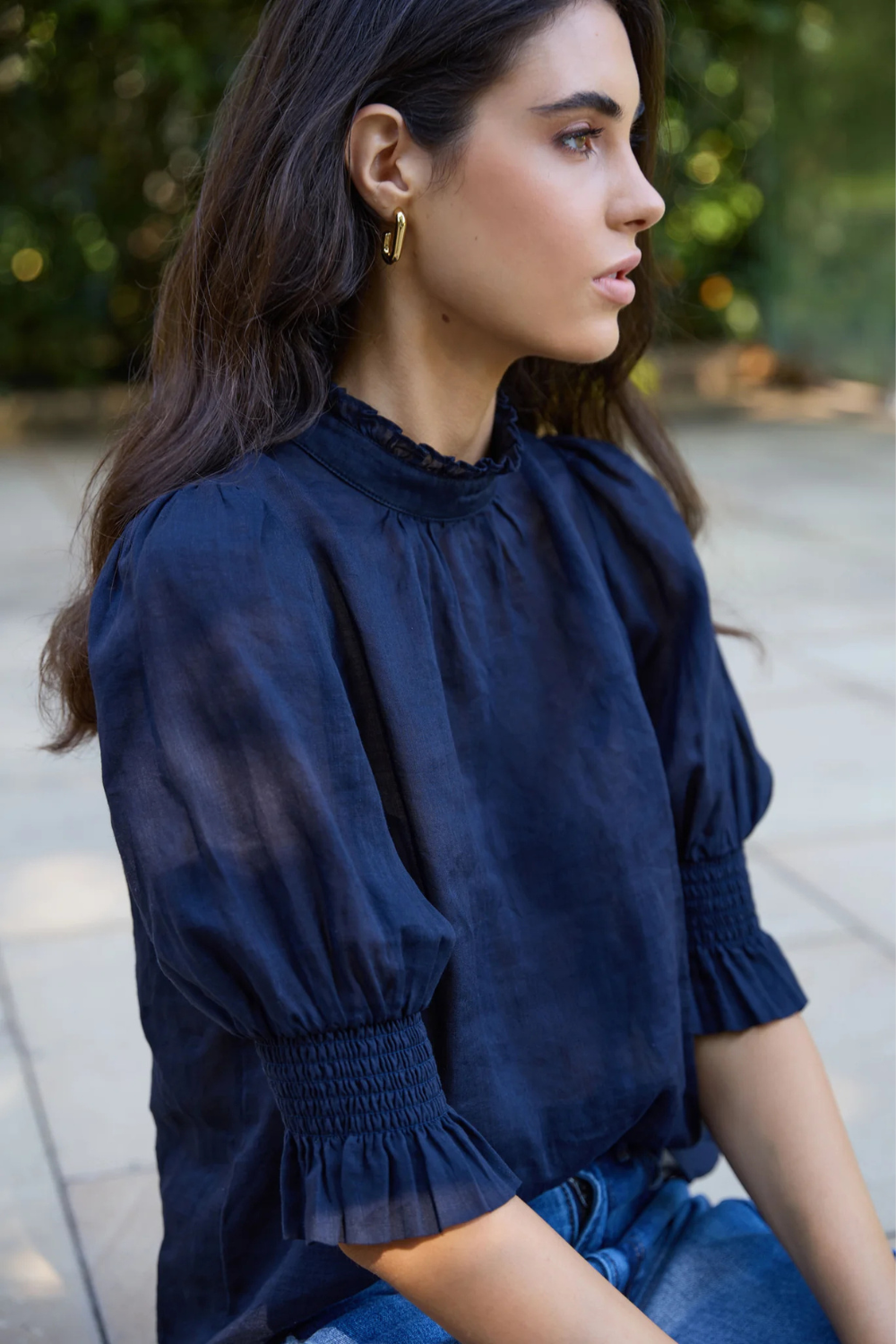 Verse Navy Sheer High Neck Short Sleeve Top