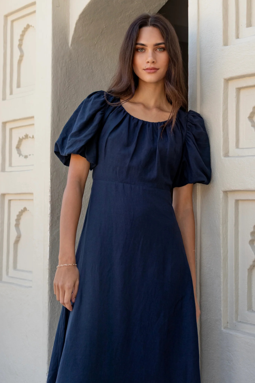 Chorus Navy Puff Sleeve Scoop Neck Floaty Maxi Dress