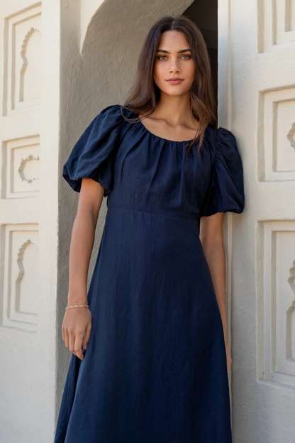 Chorus Navy Puff Sleeve Scoop Neck Floaty Maxi Dress