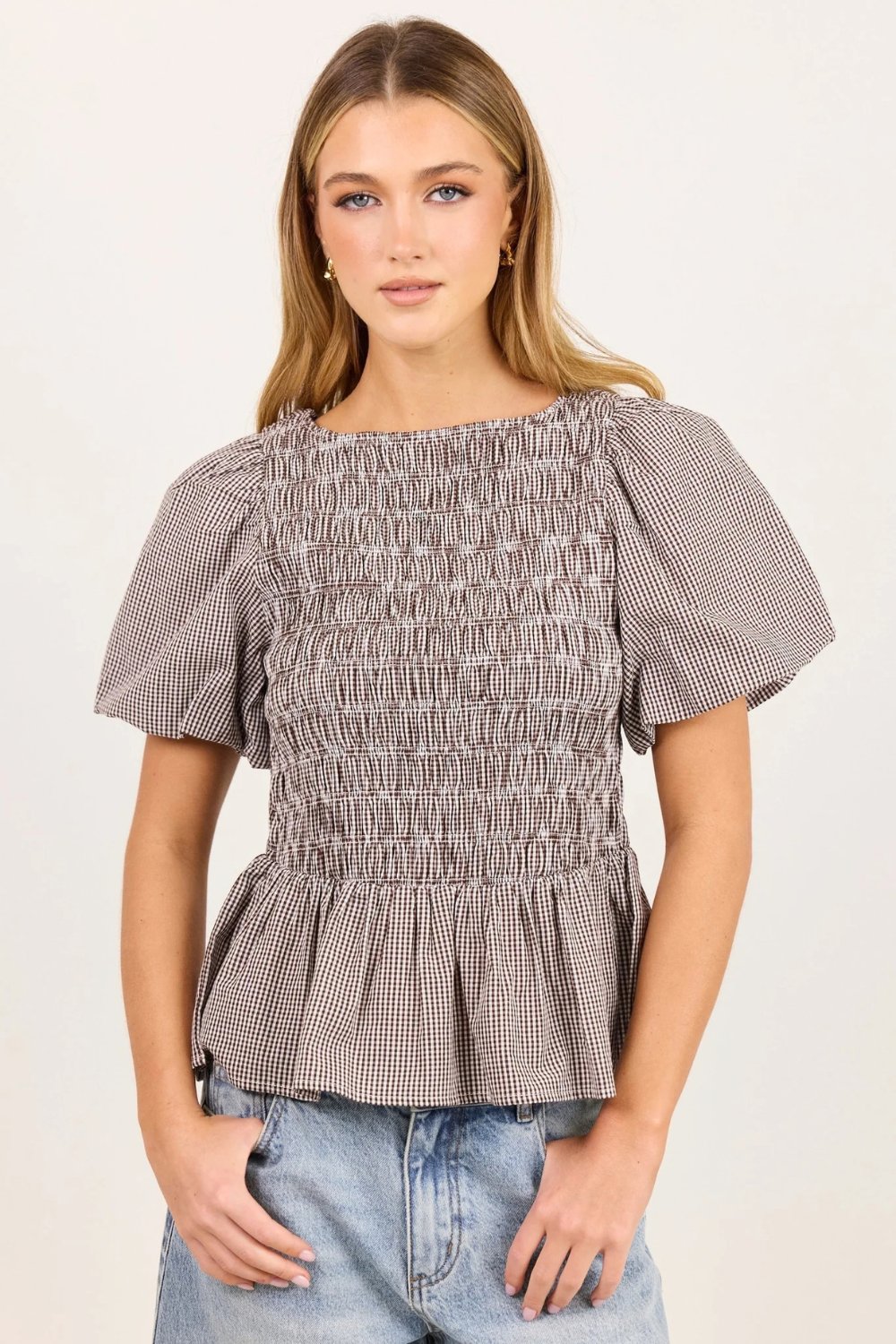 Artifact Chocolate Mini Gingham Shirred Bubble Sleeve Top