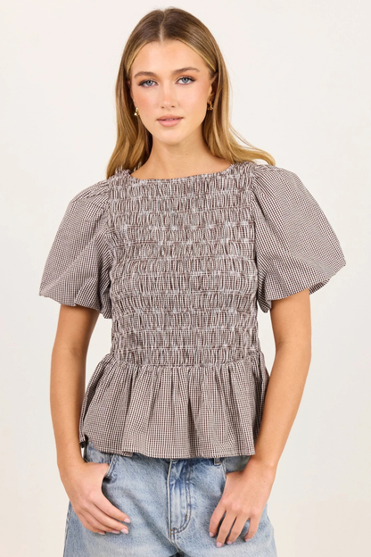 Artifact Chocolate Mini Gingham Shirred Bubble Sleeve Top