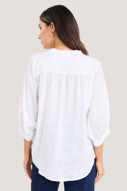 Deity White Linen Button Through Puff Sleeve Ss Blouse