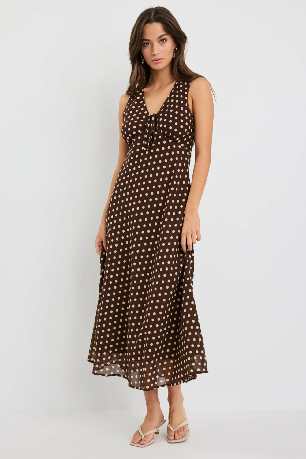 Infinity Chocolate Polka Dot Sleeveless Bias Midi Dress