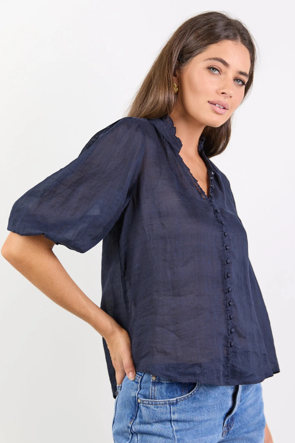 Continuance Navy Ramie High Neck Buttoned SS Top