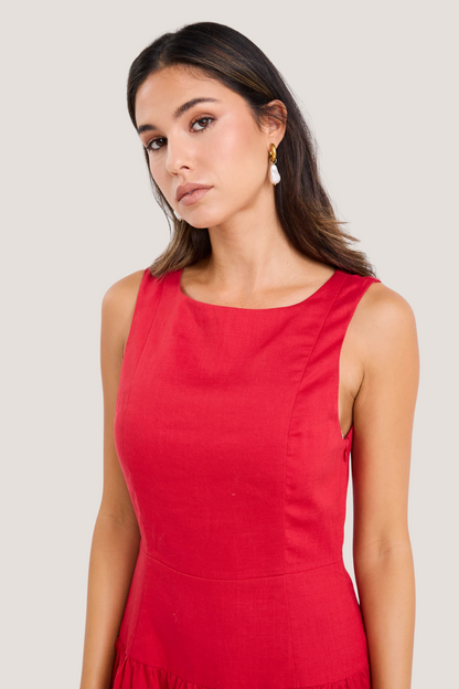 Results Red Linen Blend Structured Sleeveless Maxi Dress