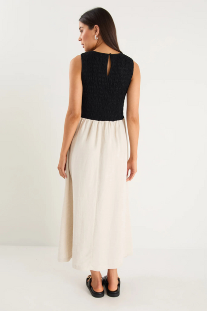 Bryar Black Natural Linen Blend SS Shirred Bodice Midi Dress