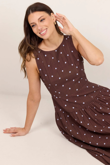 Results Mocha Blue Polka Dot Shirred Back Sleeveless Maxi Dress