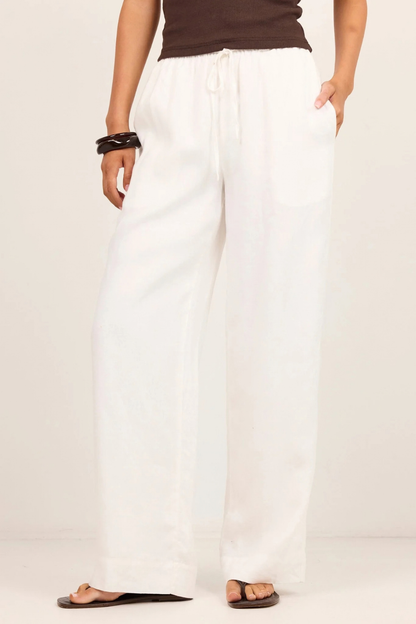 Wellness White Linen Pull On Wide Leg Pants