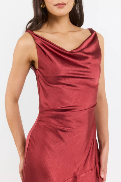 Bountiful Red Paprika Satin Tie Back Bias Slip Maxi Dress