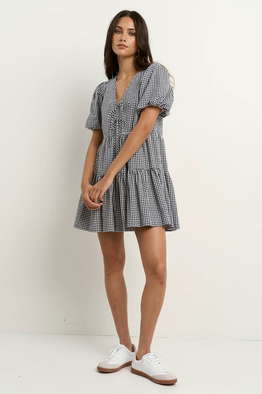 Roam Navy Gingham Puff Sleeve Tie Front Mini Dress