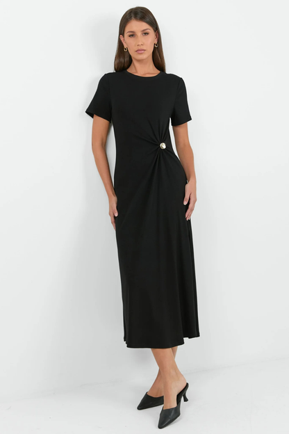 Anchor Black Waist Buckle Short Sleeve Knit Maxi Dress