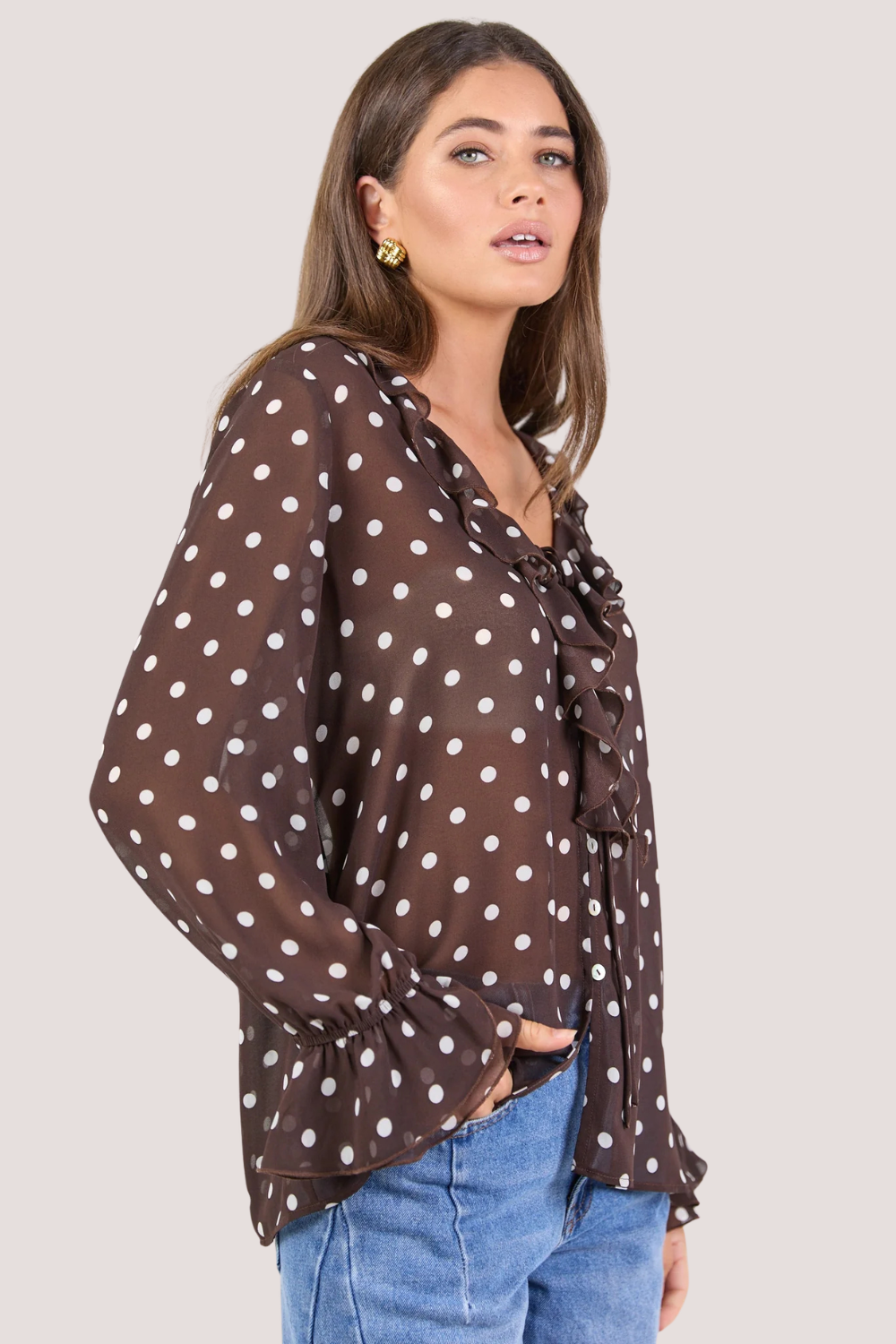Bohemian Chocolate Polka Dot Sheer Frill Front Blouse