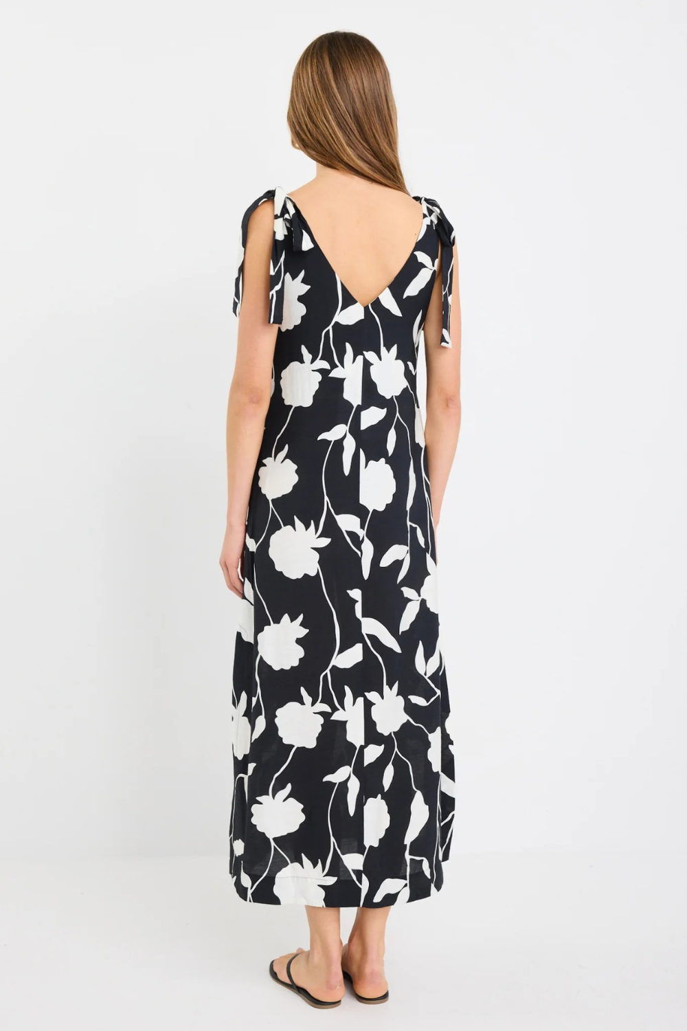 Spontaneous Black and White Floral Tie Shoulder Relaxed Midi Dress
