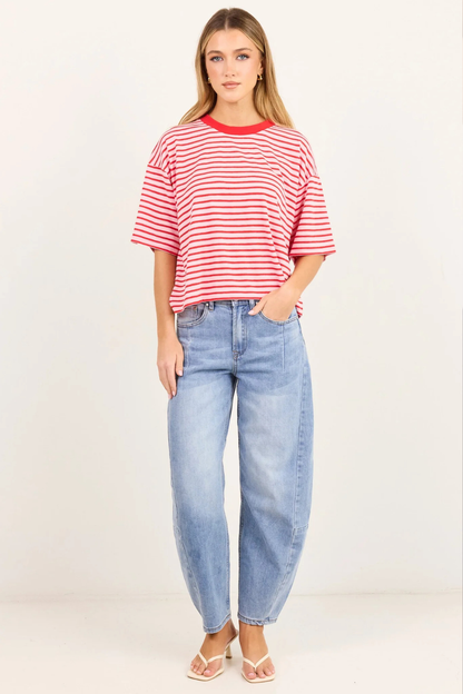 Cohesion Pink Red Stripe Oversized Contrast Binding Boxy SS Tee