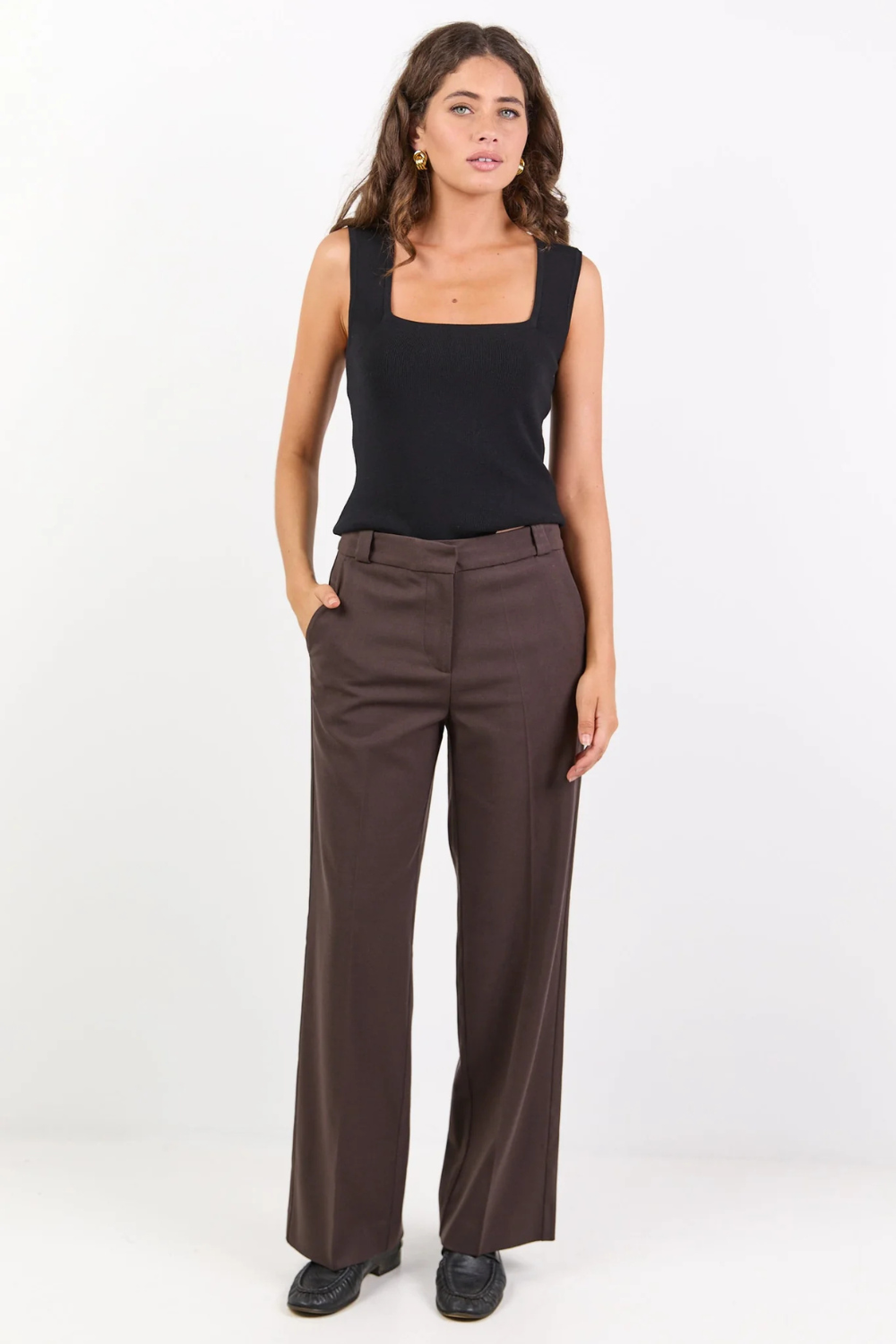 Jaunty Dark Chocolate Slant Pocket Wide Leg Pants