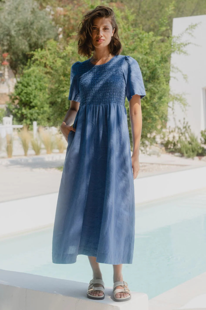 Wren Cornflower Blue Linen SS Shirred Bodice Midi Dress