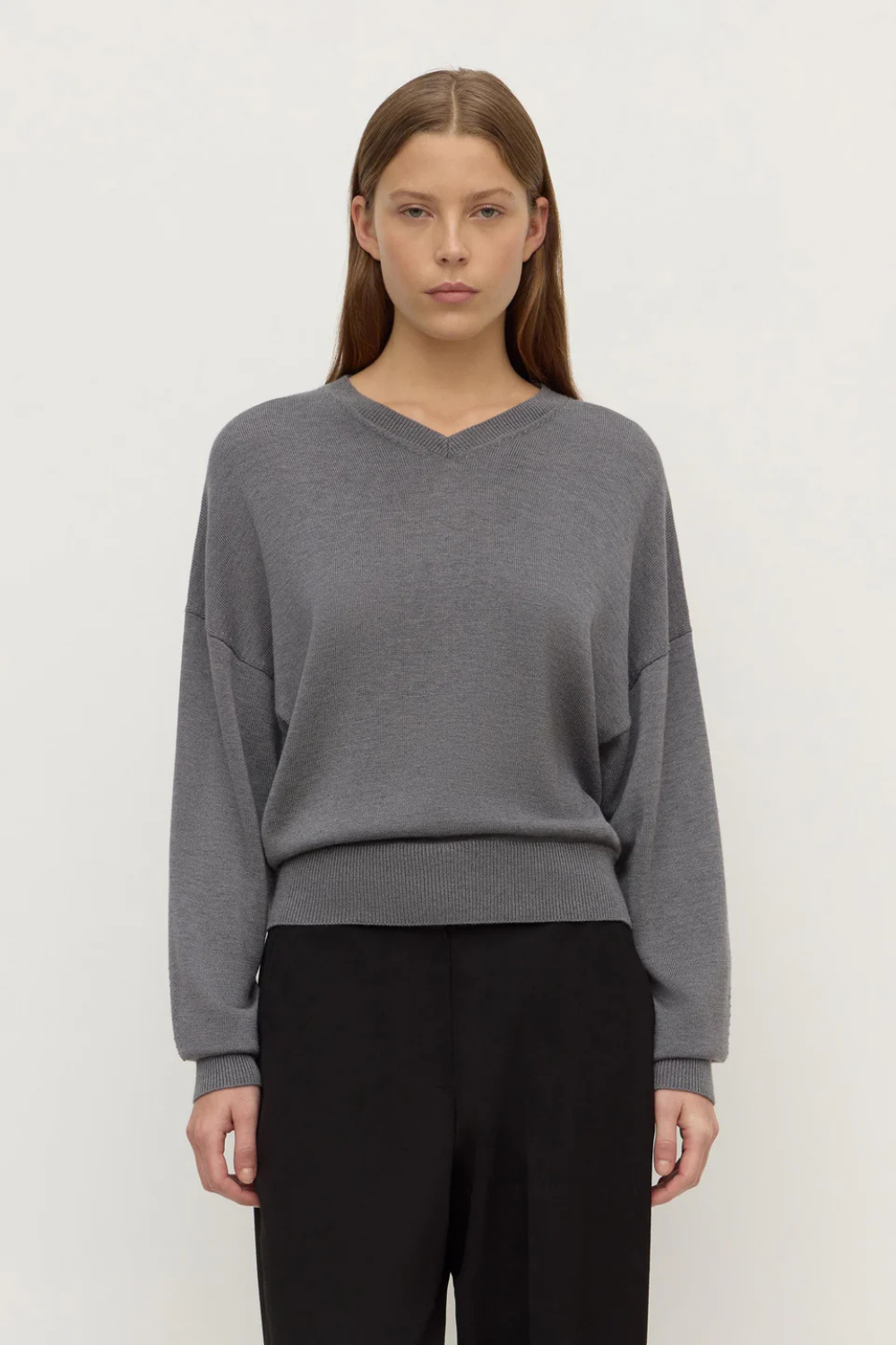 Mira V Neck Sweater | Dark Grey Marle