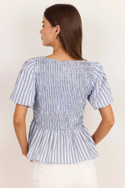 Artifact Pale Blue Stripe Shirred Bubble Sleeve Top