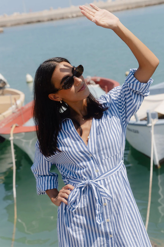 Forward Blue Stripe Cotton Midi Shirt Dress