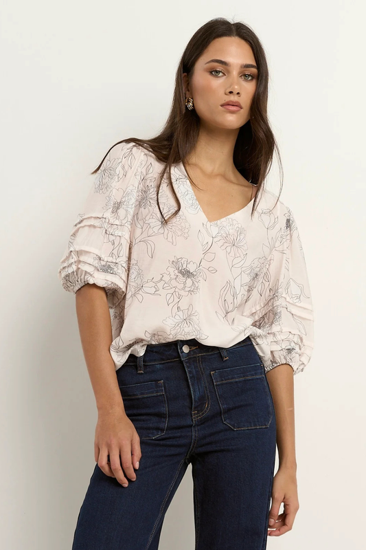 Recall Ivory Sketch Floral Pleat Sleeve Crew Top