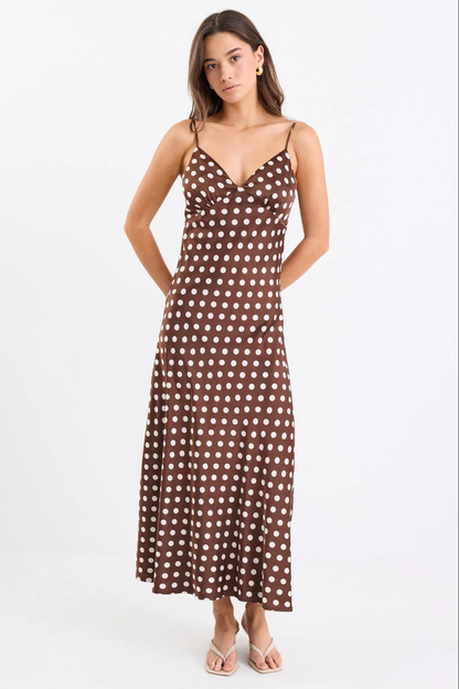 Otherworldly Chocolate Polka Dot Satin Bias Slip Midi Dress
