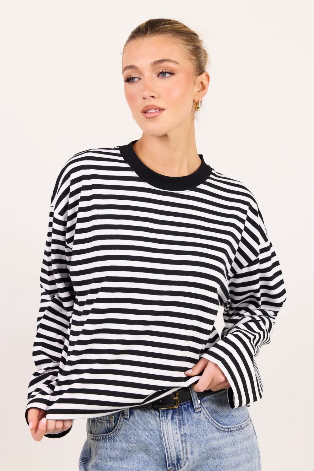 Unite Black White Stripe Long Sleeve Contrast Binding Boxy Tee