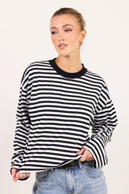 Unite Black White Stripe Long Sleeve Contrast Binding Boxy Tee