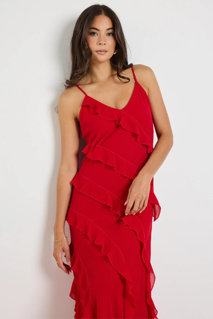 Galore Flame Bias Ruffle Slip Maxi Dress